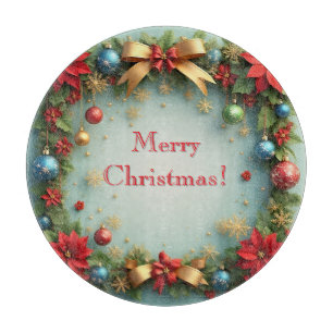 Christmas Wreath with Poinsettias Cutting Board