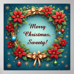Christmas Wreath with Poinsettias Poster