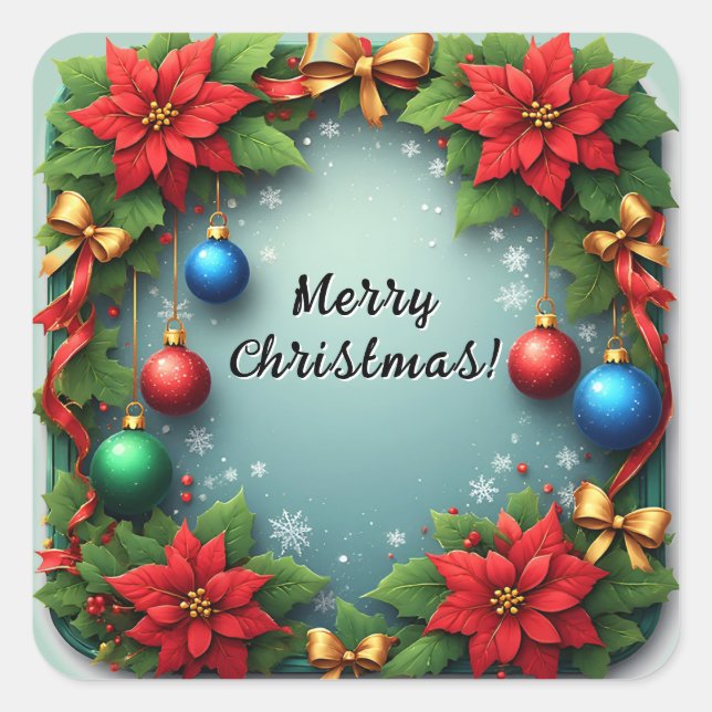 Christmas Wreath with Poinsettias Square Sticker (Front)