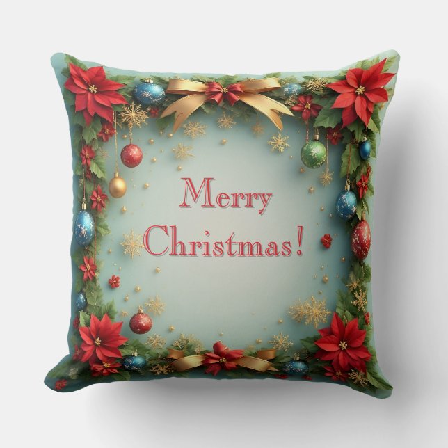 Christmas Wreath with Poinsettias Throw Pillow (Front)