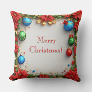 Christmas Wreath with Poinsettias Throw Pillow