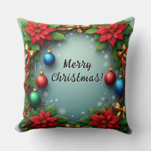 Christmas Wreath with Poinsettias Throw Pillow