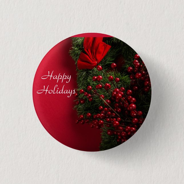 christmas wreath with red berries       1 inch round button (Front)