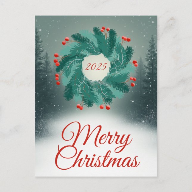 Christmas Wreath with Red Berries and Forest Holiday Postcard (Front)