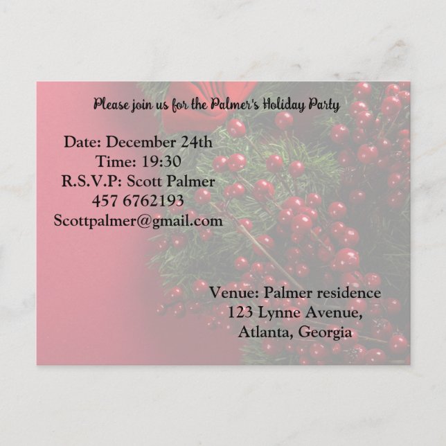 christmas wreath with red berries       invitation postcard (Front)