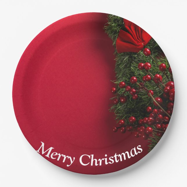 christmas wreath with red berries paper plate (Front)