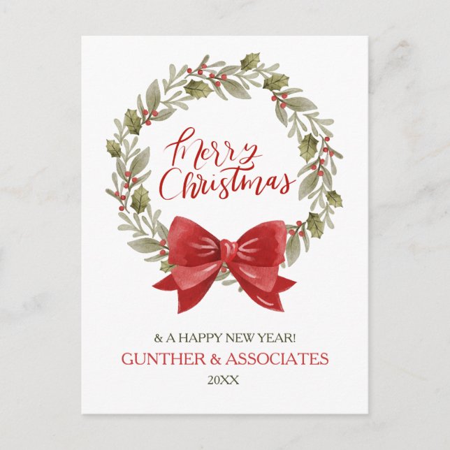 Christmas Wreath with Red Bow Corporate Greeting  Holiday Postcard (Front)