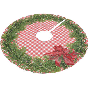 Christmas Wreath With Red Bow On Gingham Brushed Polyester Tree Skirt