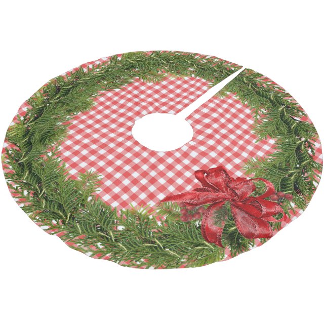 Christmas Wreath With Red Bow On Gingham Brushed Polyester Tree Skirt (Angled)