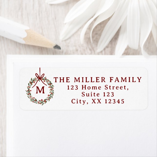 Christmas wreath with red bow Return Address Label (Insitu)