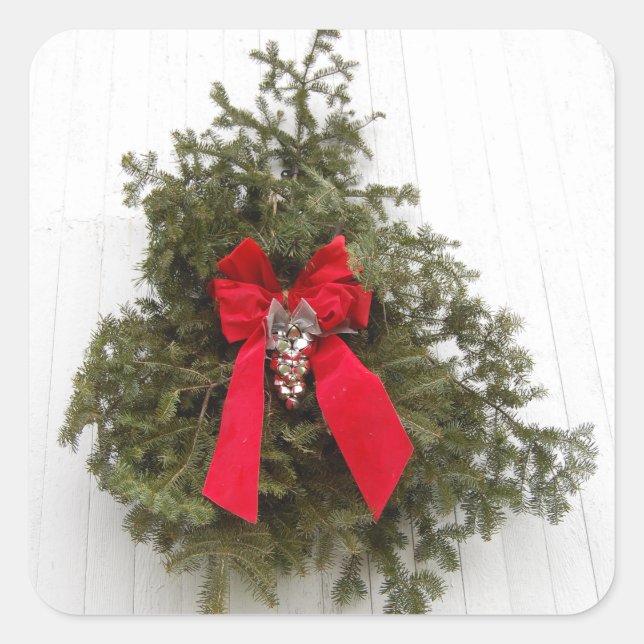 Christmas Wreath with Red Bow Square Sticker (Front)