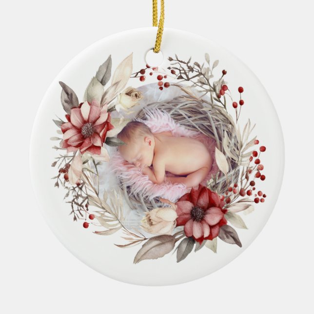 Christmas wreath with red flowers, berries photo ceramic ornament (Front)