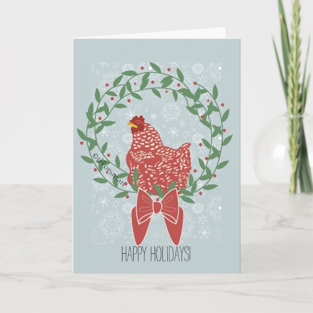 Christmas wreath with red hen in snowflake pattern holiday card (Front)