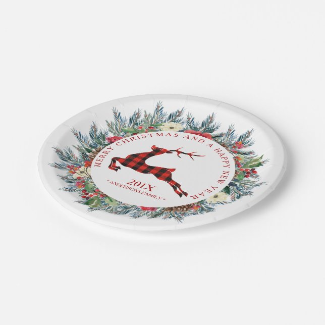 Christmas wreath with red plaid Christmas deer Paper Plate (Angled)