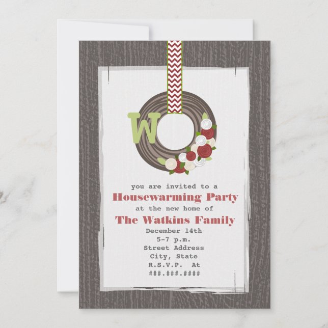 Christmas Wreath Wood Inspired Housewarming Party Invitation (Front)