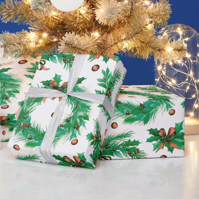 Christmas Wreathes Berries Bows Modern Christmas Wrapping Paper (Holidays)