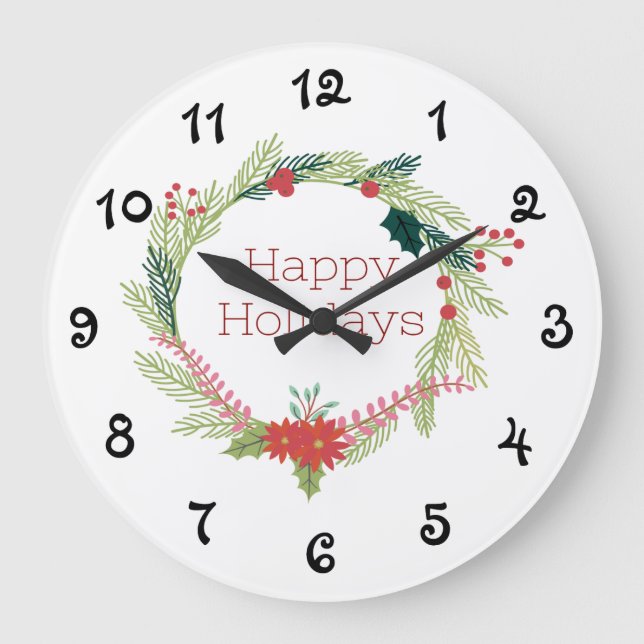 Christmas Wreaths Happy Holidays Large Clock (Front)