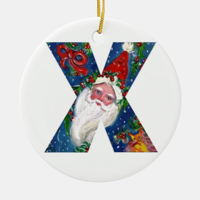 CHRISTMAS X LETTER / SANTA CLAUS WITH RED RIBBON CERAMIC ORNAMENT (Front)