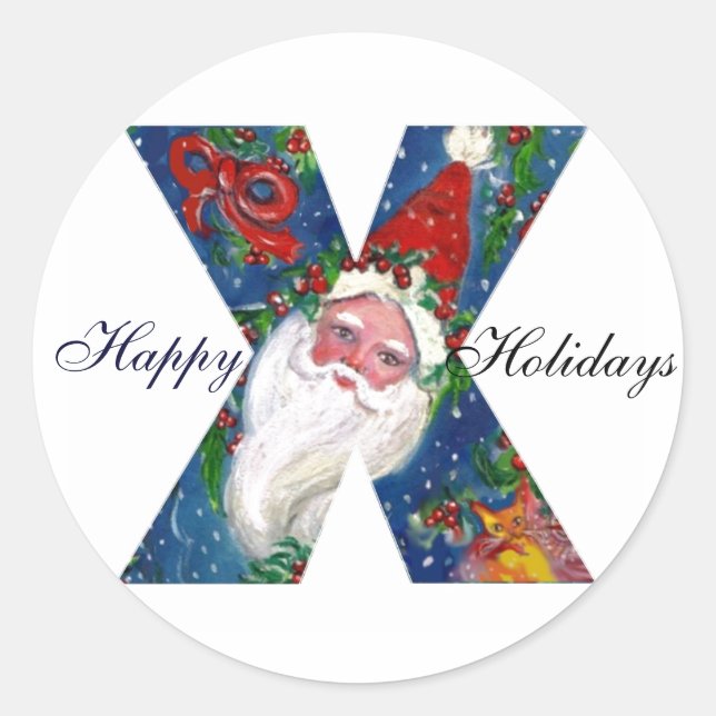 CHRISTMAS X LETTER / SANTA CLAUS WITH RED RIBBON CLASSIC ROUND STICKER (Front)