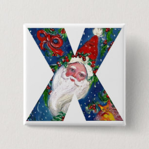 CHRISTMAS X LETTER / SANTA  RED RIBBON MONOGRAM 2 INCH SQUARE BUTTON