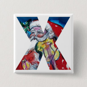 CHRISTMAS X LETTER / SANTA  WITH VIOLIN MONOGRAM 2 INCH SQUARE BUTTON