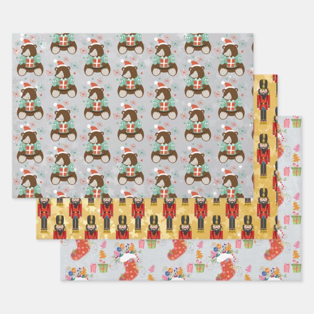 Christmas Xmas Bear Toy Soldier Stocking Wrapping Paper Sheet (Set)