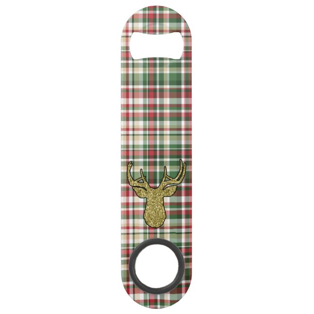 Christmas XMAS Plaid Tartan Gold Deer Bottle Opene Bar Key (Front)