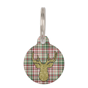 Christmas XMAS Plaid Tartan Gold Deer Buck Head Pet Tag