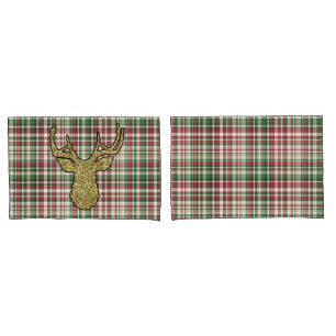 Christmas XMAS Plaid Tartan Gold Deer Pillow Cases