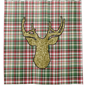 Christmas XMAS Plaid Tartan Gold Deer Shower Curta