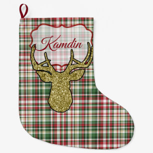 Christmas XMAS Plaid Tartan Gold Deer Stocking