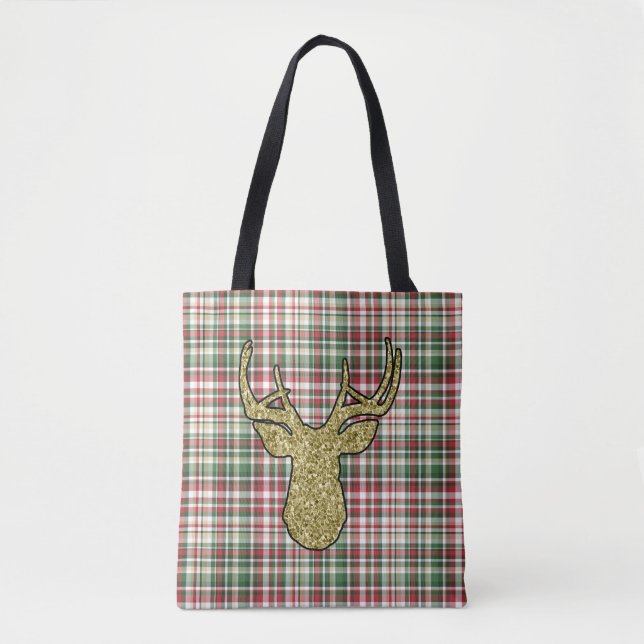 Christmas XMAS Plaid Tartan Gold Deer Tote Bag (Front)