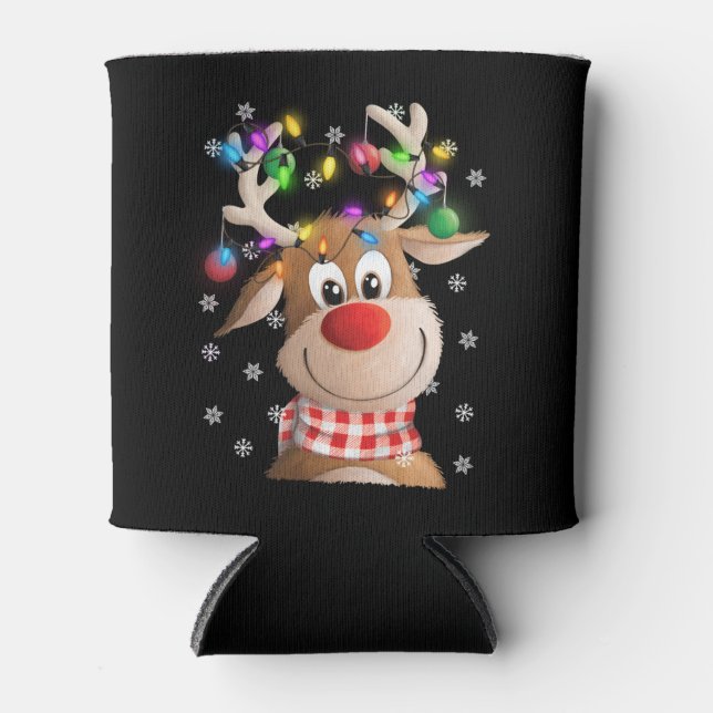 Christmas xmas Reindeer Christmas lights family Can Cooler (Front)