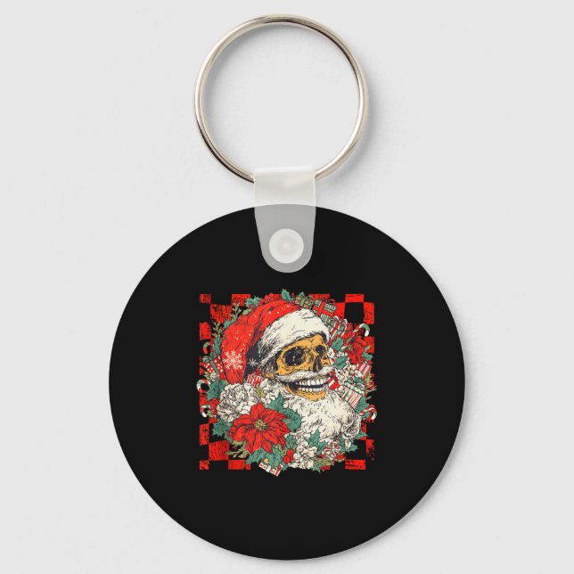 Christmas Xmas Vibes Skull Santa Lover Mistletoe H Keychain (Front)