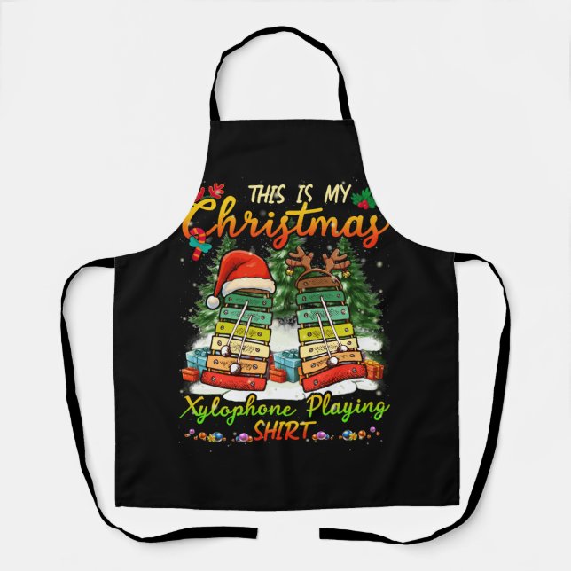 Christmas Xylophone Playing Three Santa Elf Xyloph Apron (Front)
