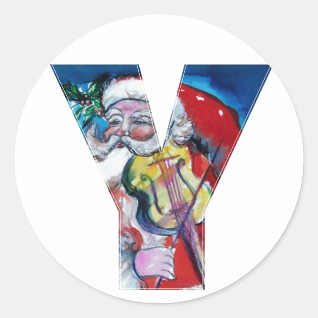 CHRISTMAS Y LETTER  / SANTA WITH VIOLIN MONOGRAM CLASSIC ROUND STICKER (Front)