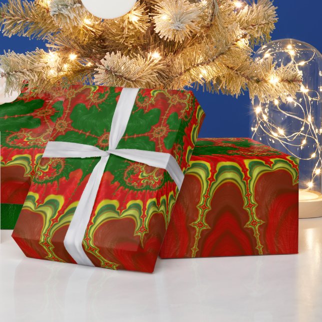 CHRISTMAS ~ Yellow Fractal Pattern Green Red ~  Wrapping Paper (Holidays)