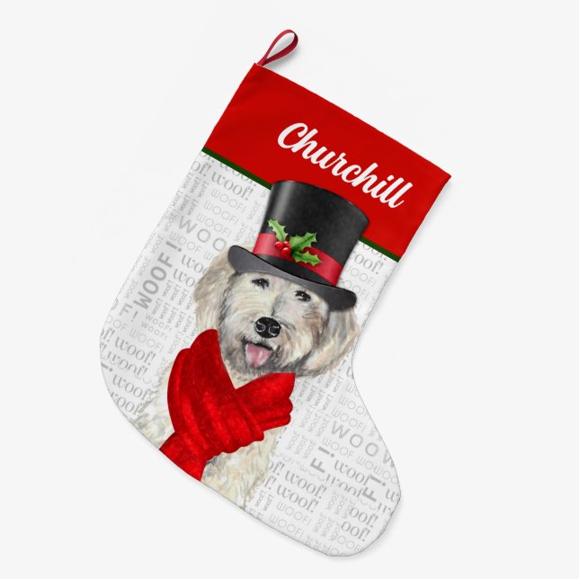 Christmas Yellow Labradoodle with Dog's Name Large Christmas Stocking (Front (Hanging))