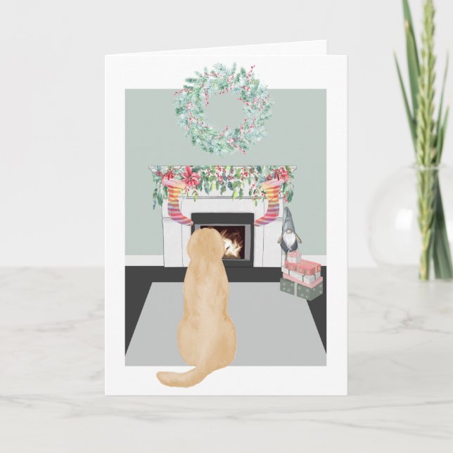 Christmas Yellow Labrador Dog Fireplace Scene Card (Front)