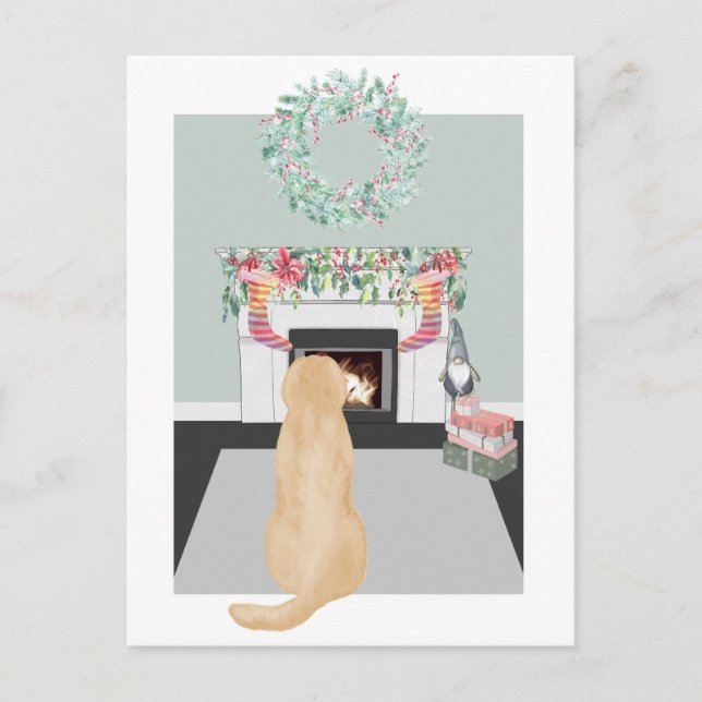 Christmas Yellow Labrador Dog Fireplace Scene Holiday Postcard (Front)