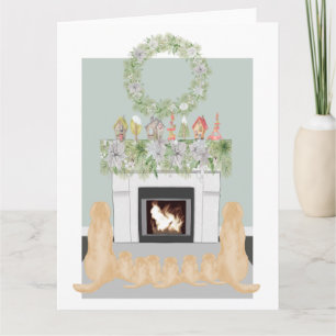 Christmas Yellow Labrador Dog Pups Fireplace Scene Card