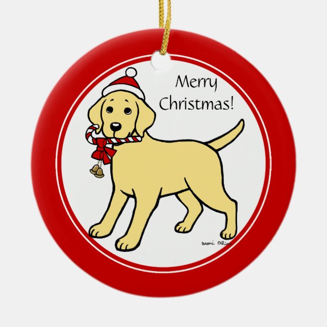 Christmas Yellow Labrador Puppy Cartoon Ceramic Ornament (Front)