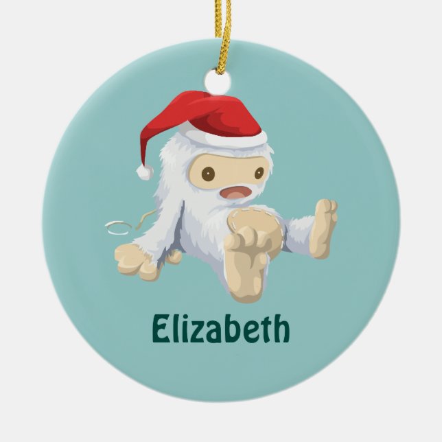 Christmas Yeti Doll Wearing a Santa Hat Ceramic Ornament (Front)