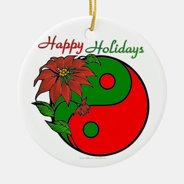 Christmas Yin Yang Poinsettia Ceramic Ornament (Front)