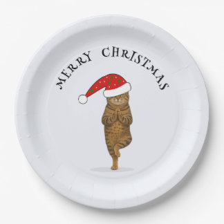 Christmas yoga cat your text paper plate