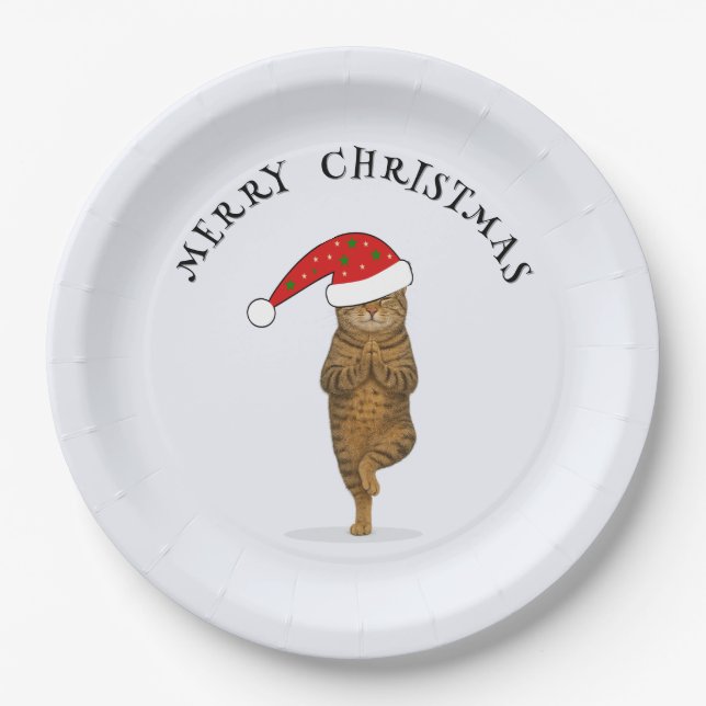 Christmas yoga cat your text paper plate (Front)