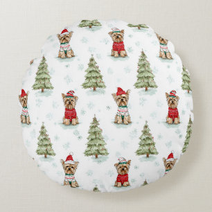 Christmas Yorkies Dog Round Pillow