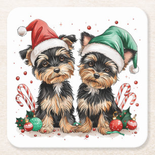 Christmas Yorkshire Terrier Dogs Square Paper Coaster