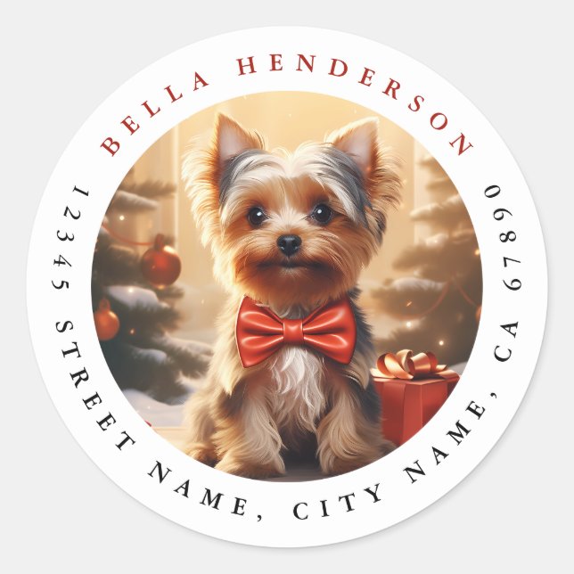 Christmas Yorkshire Terrier Round Stickers (Front)