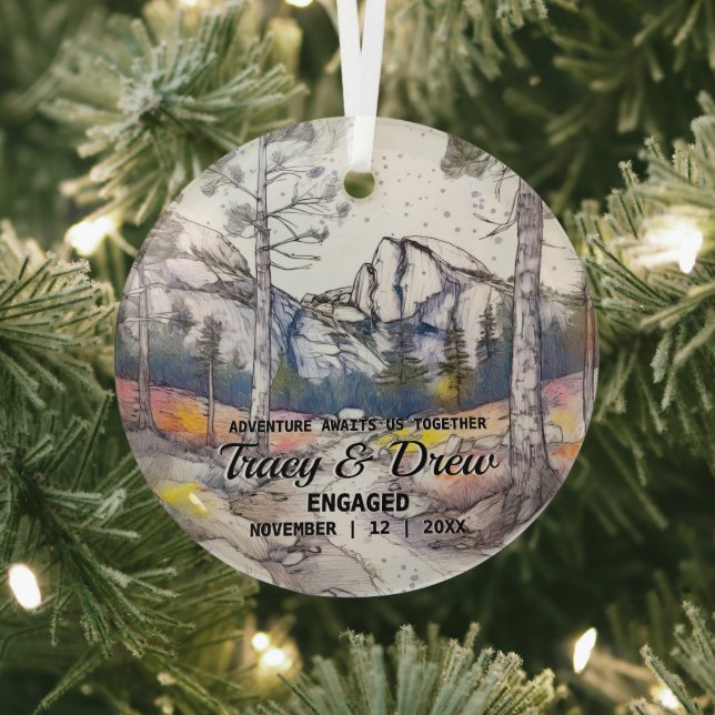 Christmas Yosemite National Park Couple Engagement Glass Ornament (Insitu)